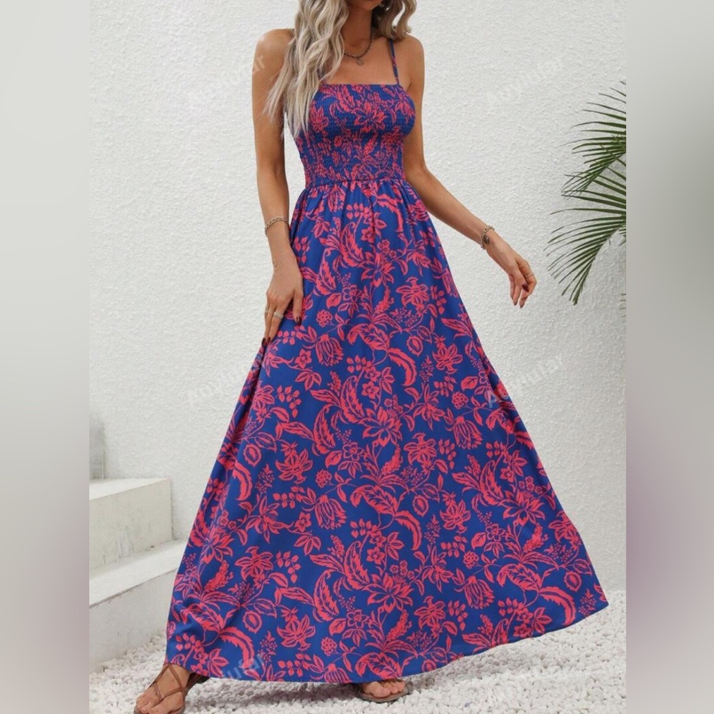 New Spring Summer Women Floral Blue and Pink Maxi Cami Spaghetti Strap Dress